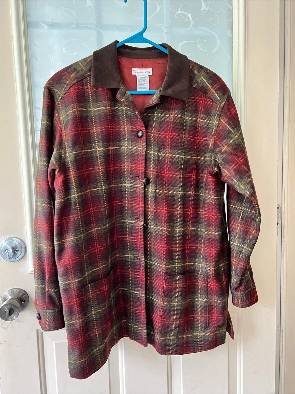 Vintage Talbots sz S tartan plaid shaket or barn coat deep rust red/ green. Wool